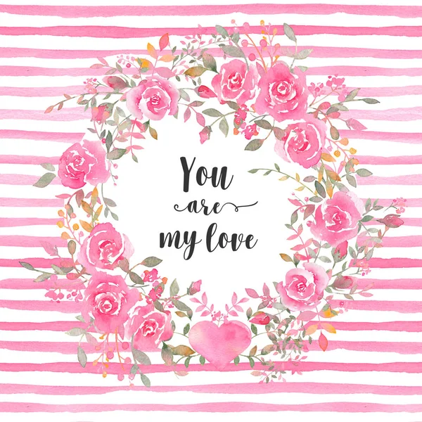 Plantilla de tarjeta de acuarela pintada a mano con flores rosas y tira —  Fotos de Stock