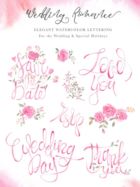 Weddimg lettering calligraphy set with elegant pink design. — Stock Photo, Image