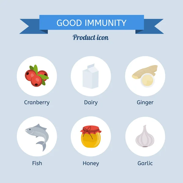 Alimentos para la inmunidad: arándano, jengibre, lácteos, pescado, miel, ajo — Archivo Imágenes Vectoriales