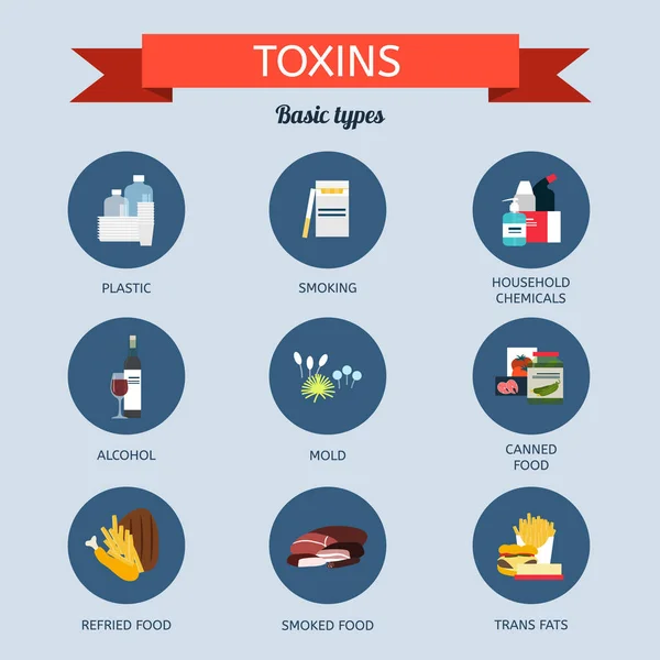 Fuentes de toxinas en el cuerpo. Tipos de toxinas — Vector de stock