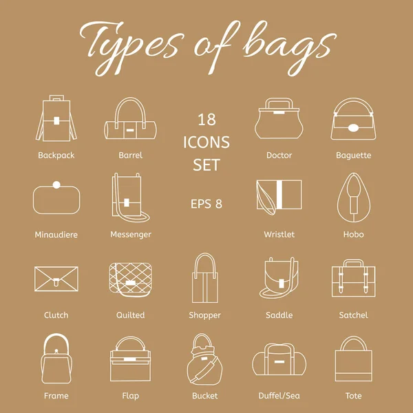 Collection de différents modèles de sacs à main. Ensemble de lignes blanches d'icônes . — Image vectorielle