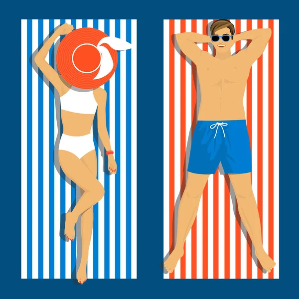 Beautiful young woman and young man sunbathing on the beach. Top view of the lying people — Stock Vector