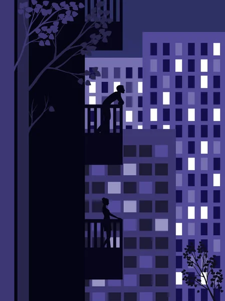 A man and a woman on different floors of a multistory building. Lights of the city at night. — Stock Vector