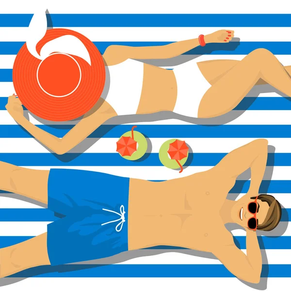 Beautiful young woman and young man sunbathing on the beach. Top view of the lying people — Stock Vector