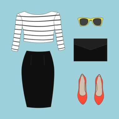 Kadın giyim koleksiyonu: siyah etek, çizgili topaç, kırmızı ayakkabılar, sarı güneş gözlüğü, siyah debriyaj