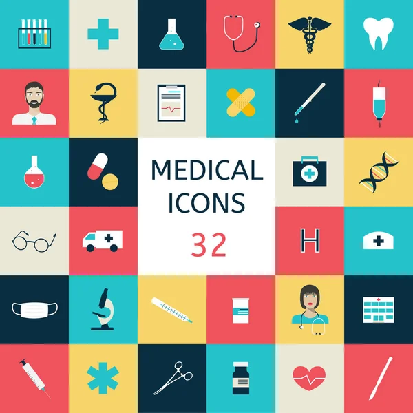 Set icônes outils médicaux et équipements de santé, recherche scientifique et service de traitement de la santé . — Image vectorielle
