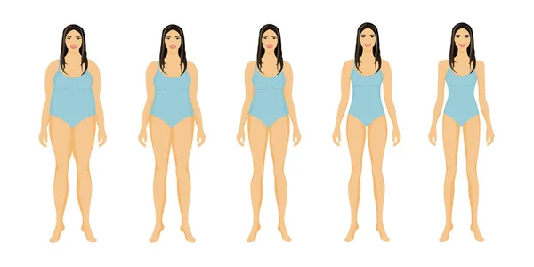 Gorda y delgada. Cuerpo de la mujer antes y después de la pérdida de peso, dieta y fitness . — Archivo Imágenes Vectoriales