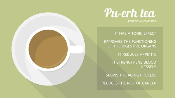 Chá Pu-erh: propriedades e benefícios para a saúde. Copo de bebida, vista superior —  Vetores de Stock
