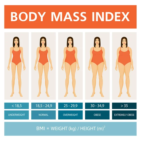 Indice di massa corporea Illustrazione con figure femminili. Fasi dell'obesità. Infografica — Vettoriale Stock