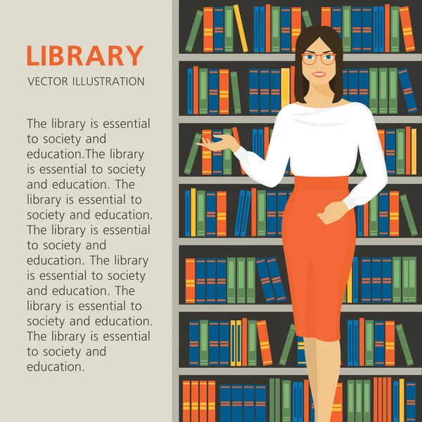 El bibliotecario está en una librería de fondo. Hermosa chica en la biblioteca . — Archivo Imágenes Vectoriales