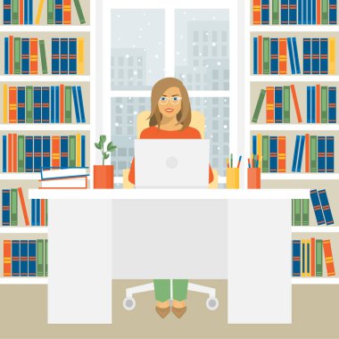 Genç kadın bir masada oturuyor. Güzel kız ofiste çalışıyor. Bir pencere ile dolap