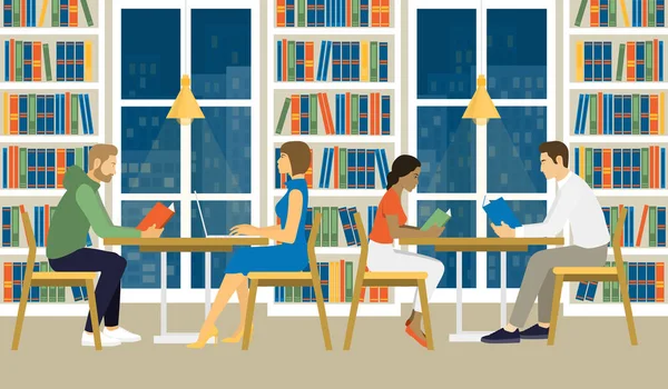 Kadınlar ve erkekler kütüphanede oturuyor. — Stok Vektör