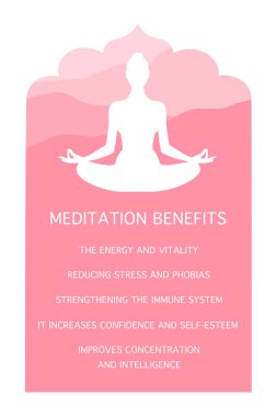 Kadın meditasyon. Bir insan figürü lotus pozisyonunda silüeti. Meditasyon faydaları