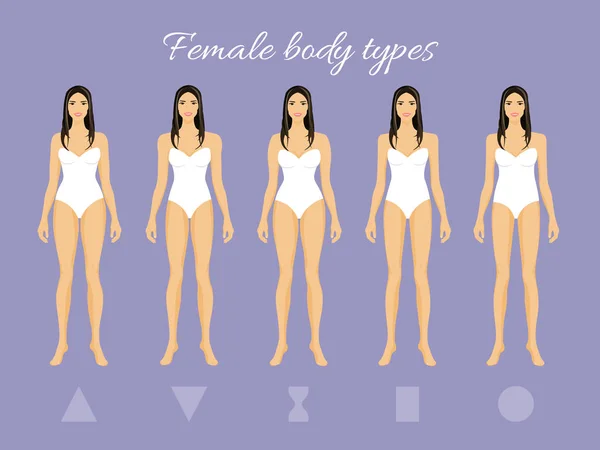 一组女性的身体形状类型︰ 三角形、 倒的三角形、 沙漏、 矩形、 圆 — 图库矢量图片