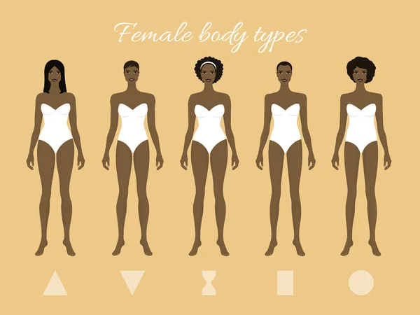 Set of African Female Body Shape Types: Triangle, Inverted Triangle, Hourglass, Rectangle, Round - Stok Vektor