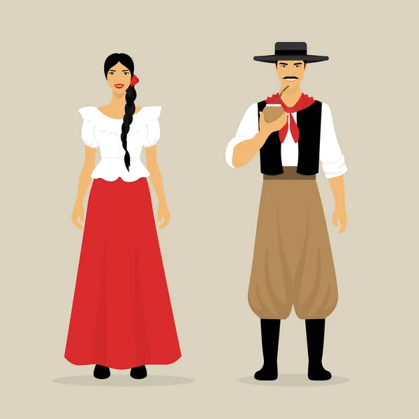 The Argentines. A woman and a man in national clothes. Latin Americans. Culture of South America — Stock Vector