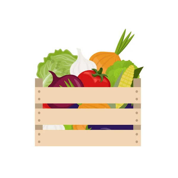 Caja de madera con verduras frescas sobre fondo blanco. El festival de la cosecha. Dieta saludable. Ilustración vectorial en estilo plano . — Archivo Imágenes Vectoriales