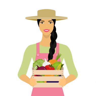 Bir kutu sebze tutan kadın. Çiftçi hasat ile. Köylü kızı