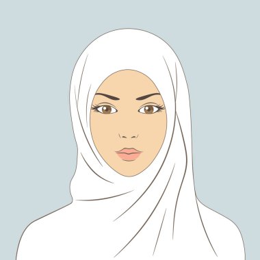 Bir Arap kız yüzü. Hijab Müslüman kadında. Doğrusal vektör çizim