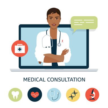 Kadın doktor dizüstü bilgisayar ekranında. Online tıbbi danışmanlık ve destek.