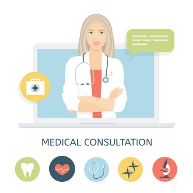 Kadın doktor dizüstü bilgisayar ekranında. Online tıbbi danışmanlık ve destek. 