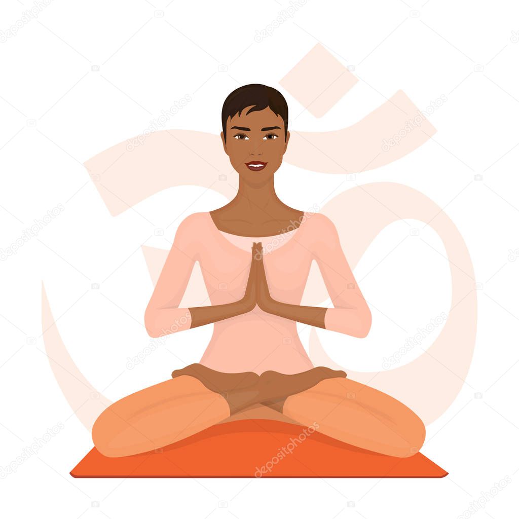 African woman meditating in lotus pose. Yoga, sport and fitness.