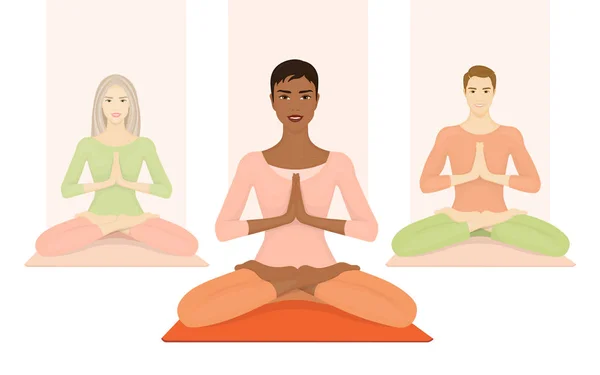 Groupe de personnes méditer dans la pose du lotus. Cours de yoga au gymnase . — Image vectorielle