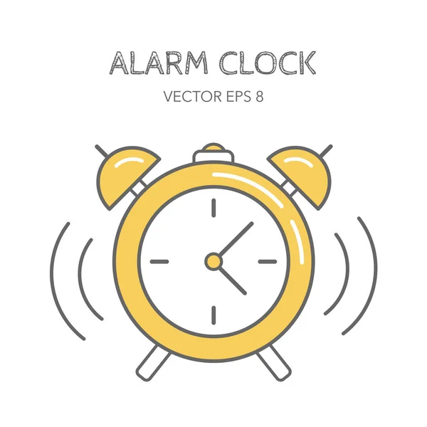 Reloj despertador amarillo sobre fondo blanco. Icono línea. Ilustración vectorial. Estilo lineal — Vector de stock