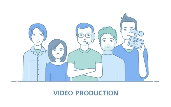 Nuestro equipo. Empleados de producción de video. Transmisión por Internet. Ilustración vectorial en un estilo lineal — Vector de stock