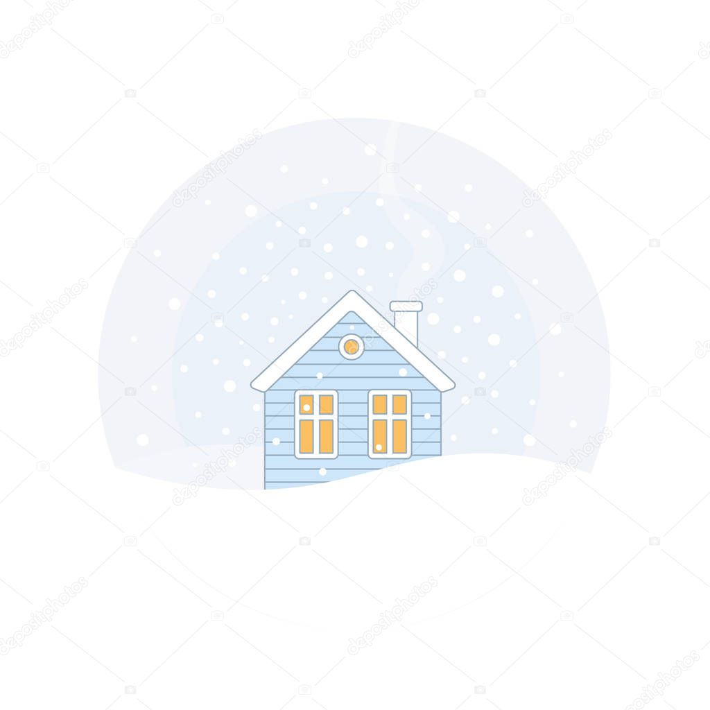 The house is under a snowfall. Winter view. Christmas landscape. New Year.