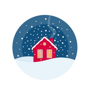 Kar yağışı altında bir evdir. Noel gece manzarası. Yeni yıl. Vektör çizim. 