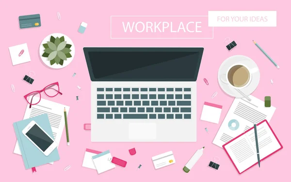 Lugar de trabajo femenino para negocios. Vista desde arriba . — Vector de stock