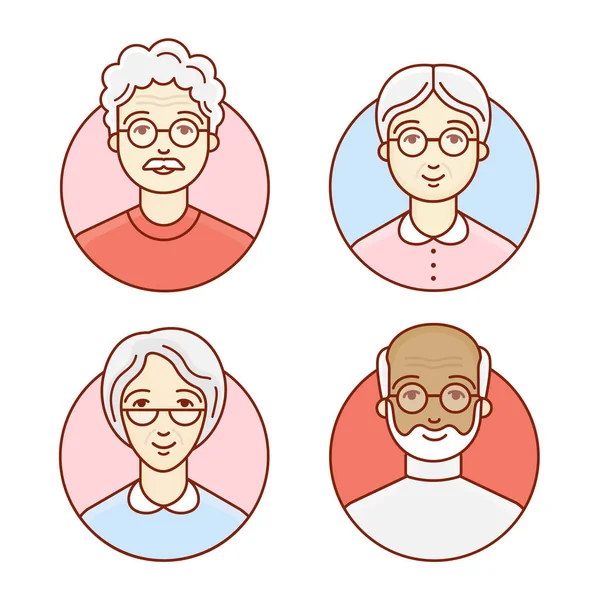 Idős emberek csoportja. A nyugdíjasok portréja. Istenség földi inkarnációja. Lineáris vektor-illusztráció — Stock Vector