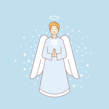 Angel gökyüzünde. Noel. Kartpostal. Tam uzunlukta portre. Doğrusal vektör çizim