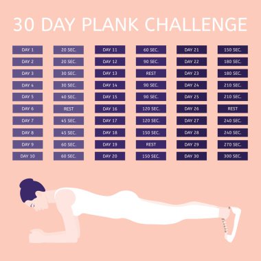 30 gün meydan okuma plank. Genç kadın bir egzersiz tahta gerçekleştirme