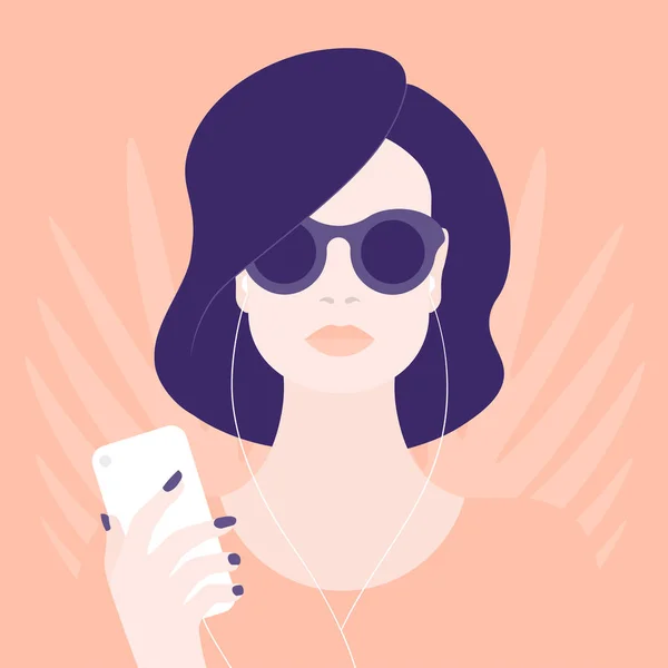 Een Vrouw Zonnebril Luisteren Naar Muziek Haar Mobiele Telefoon Meisje — Stockvector