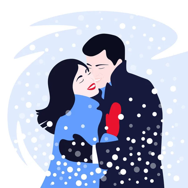 Hombre Una Mujer Están Abrazando Fecha Invierno Bajo Nieve Amor — Archivo Imágenes Vectoriales