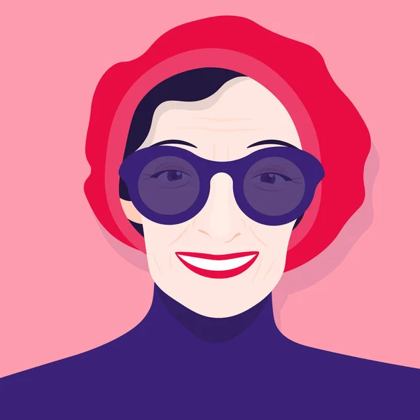 Retrato Una Anciana Con Boina Gafas Sol Avatar Jubilado Alegre — Vector de stock