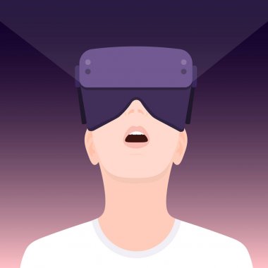 VR Dünya. Sanal gerçeklik gözlüklü genç. Hayret yüz. Vektör çizim