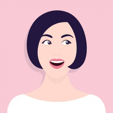 Meraklı bir kadın portresi. Sürpriz yüz. Dedikodu, söylenti ve sırları. Vektör çizim