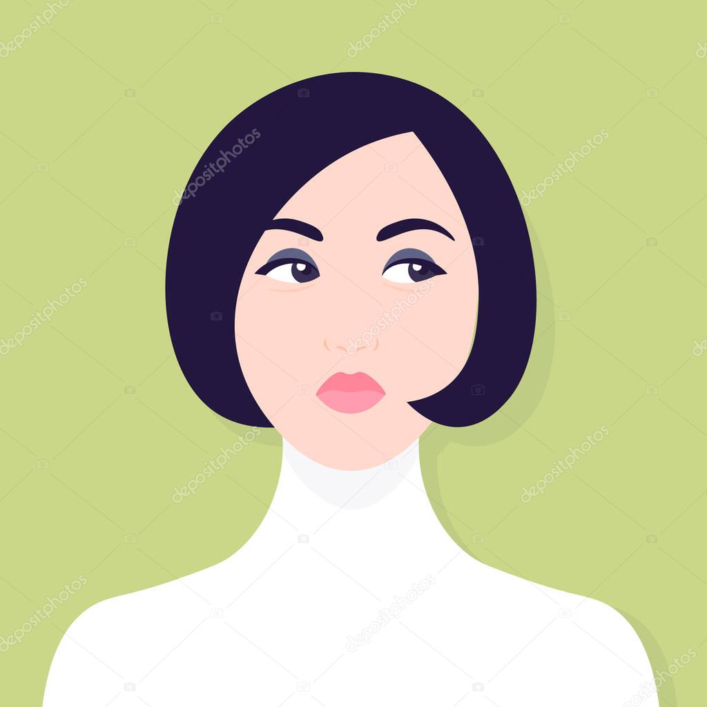 Envy and hypocrisy. A woman's face. Portrait of a sad girl. Competition and conflicts. Avatar. Vector illustration