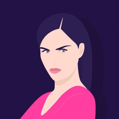 Kızgın bir kadın portresi. Saldırganlık. Kavga ve aile ilişkileri. Avatar. Vektör düz çizim