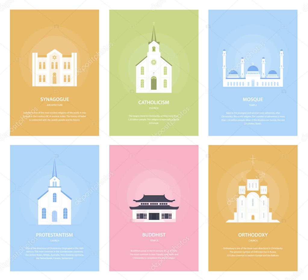 Temples. Collection of buildings. Church of world religions. Orthodoxy, Judaism, Protestantism, Catholicism, Islam, Buddhism. Traditional architecture. Vector illustration