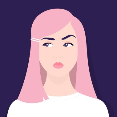 Kız şüpheler. Düşünceli kız. Portre. Avatar. Vektör düz çizim