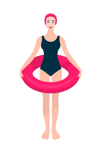 水泳スーツ 救命浮環を持つキャップの女性 女の子の完全な長さの肖像画 ベクトル フラット図 — ストックベクタ