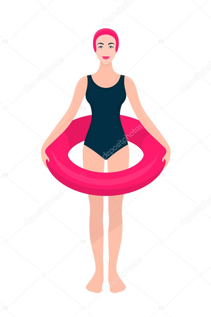 Woman, in swimming suit and cap with lifebuoy. Full length portrait of  girl. Vector flat illustration