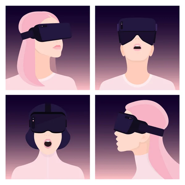 World Women Head Virtual Reality Glasses Amazed Face Vector Illustration — Stock Vector