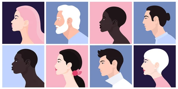 A set of people\'s faces in profile: men, women, young and elderly of different races and nations. Vector Flat Illustration