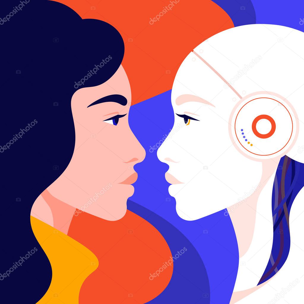 Artificial Intelligence and people. The head of the robot in profile and face of the woman. Future technologies. Conflict or cooperation. Vector flat illustration