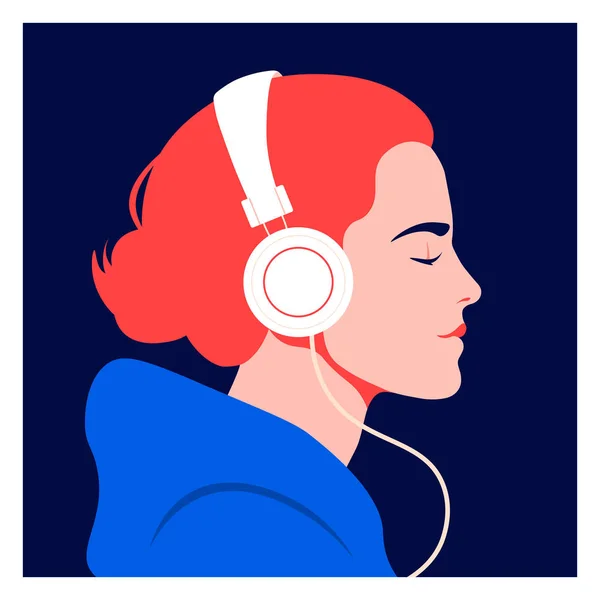 Das Mädchen Hört Musik Über Kopfhörer Musiktherapie Profil Einer Jungen — Stockvektor